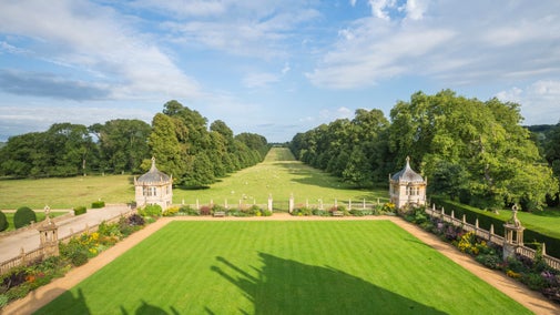 View over East Court to the parkland at Montacute House, Somerset